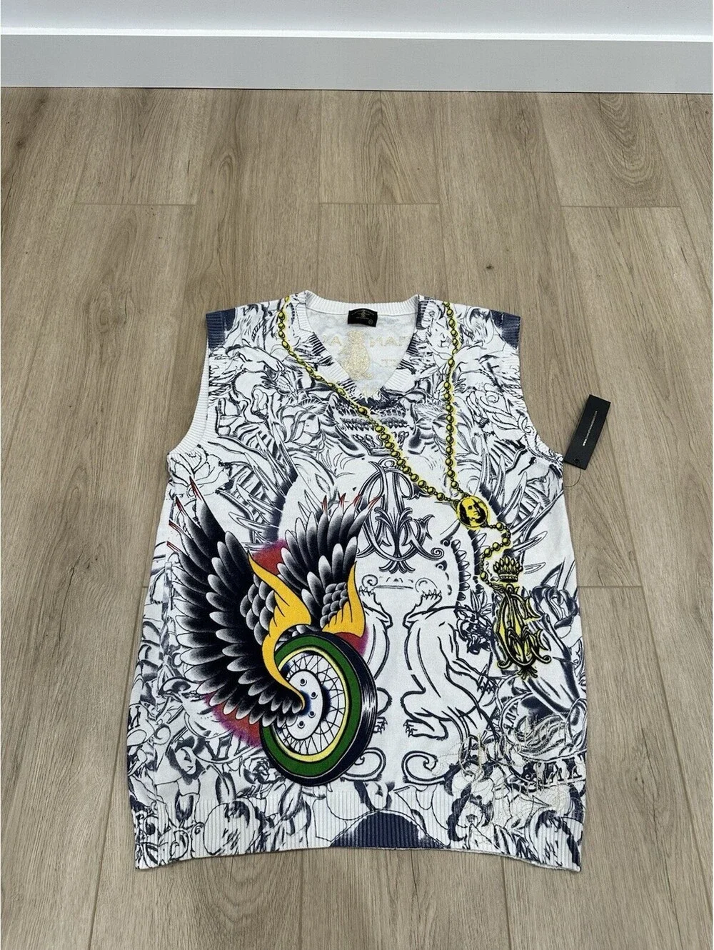 NWT Christian Audigier V Neck All Over Print Knit Vest Size XL